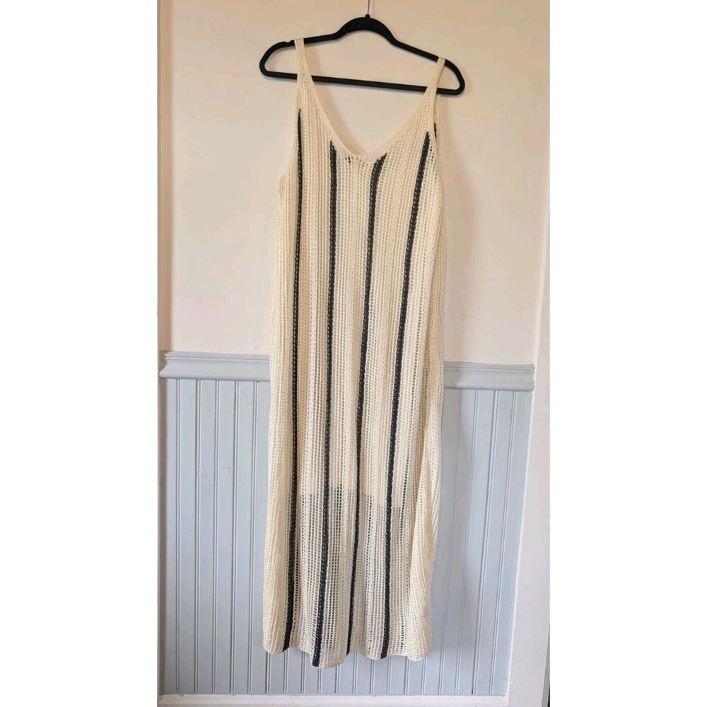 A New Day Pointelle Maxi Dress‎ Women XXL Cream Striped Boho Beach Knit Sheer